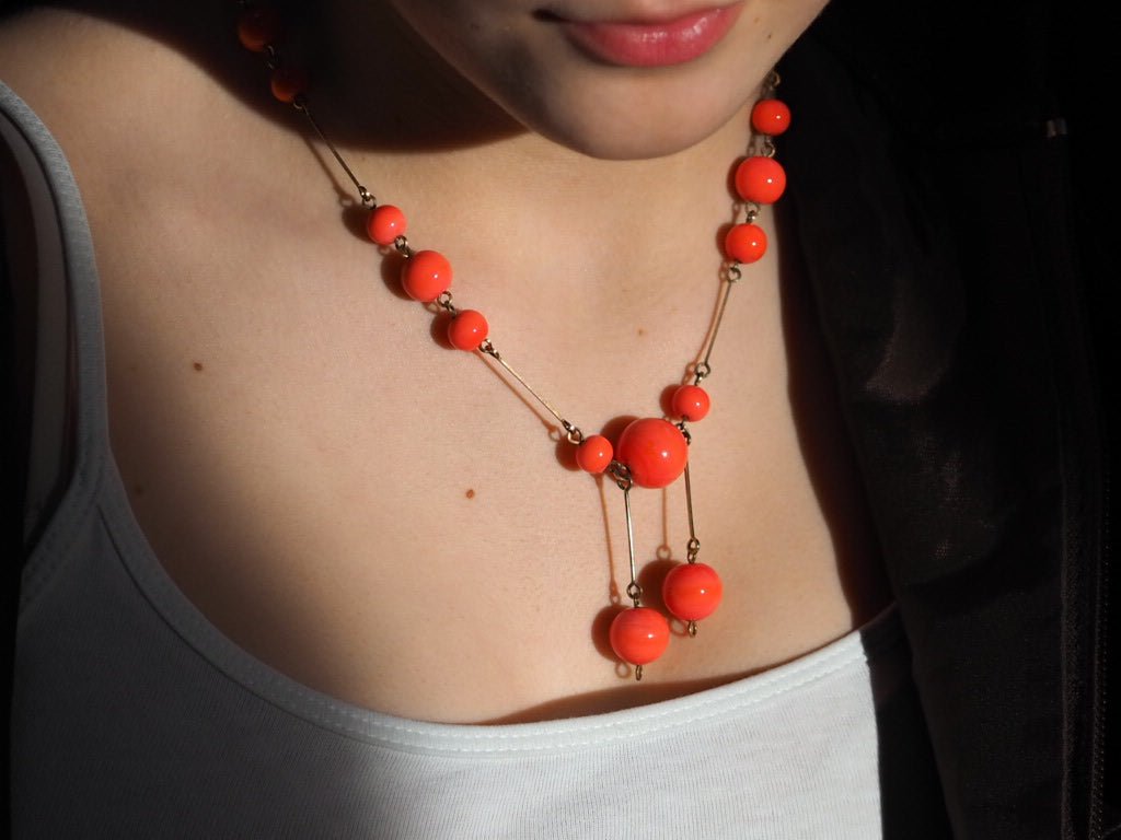 Antique Czech coral glass necklace with vibrant beads-Natalia Willmott