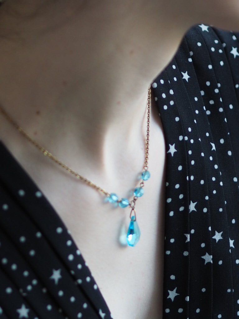 Antique Czech Glass Necklace in Aqua – Vintage Bohemian Beaded