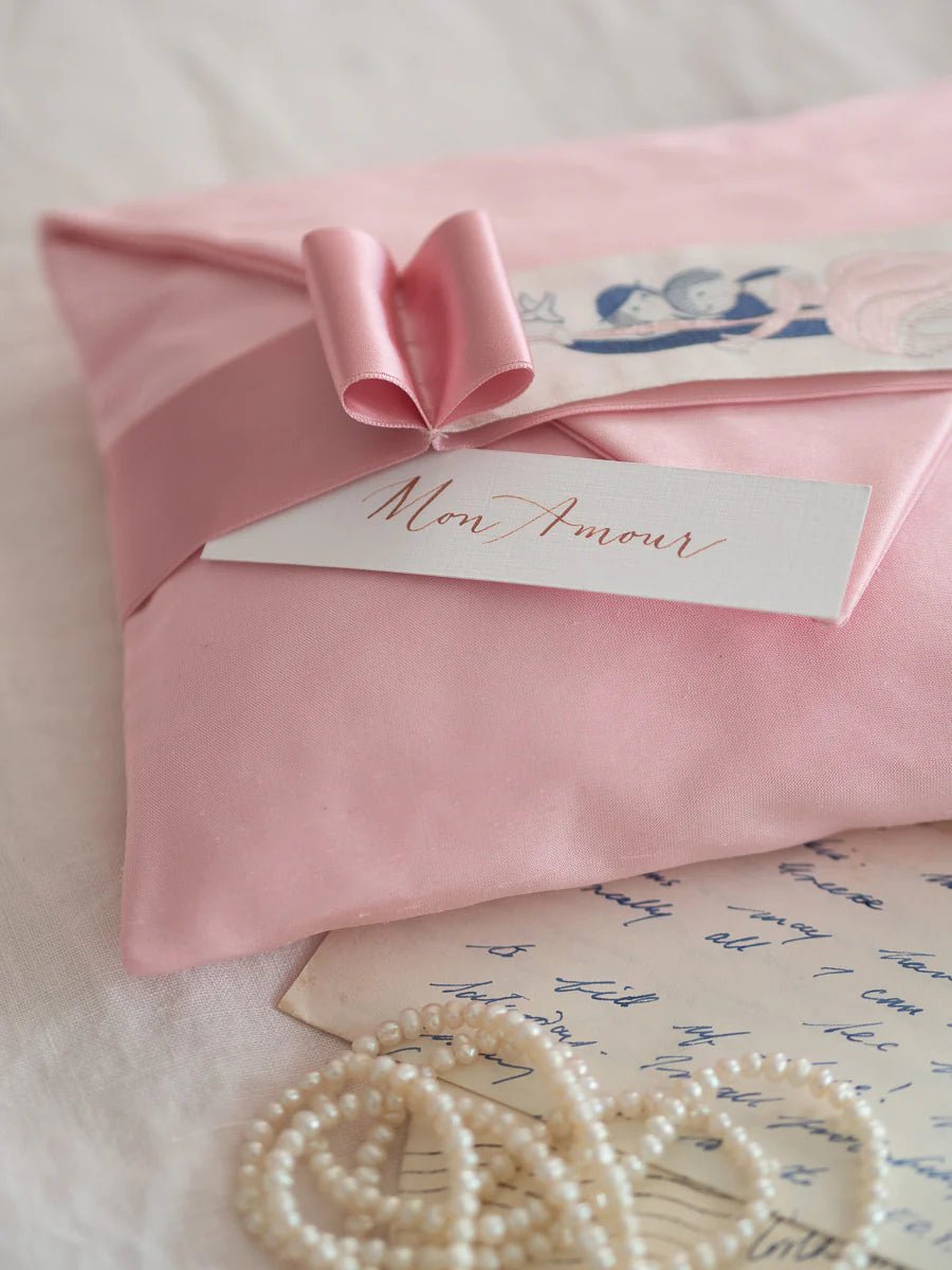 "LES AMOUREUX" PINK SILK ENVELOPE CUSHION by My Billet Doux - Natalia Willmott