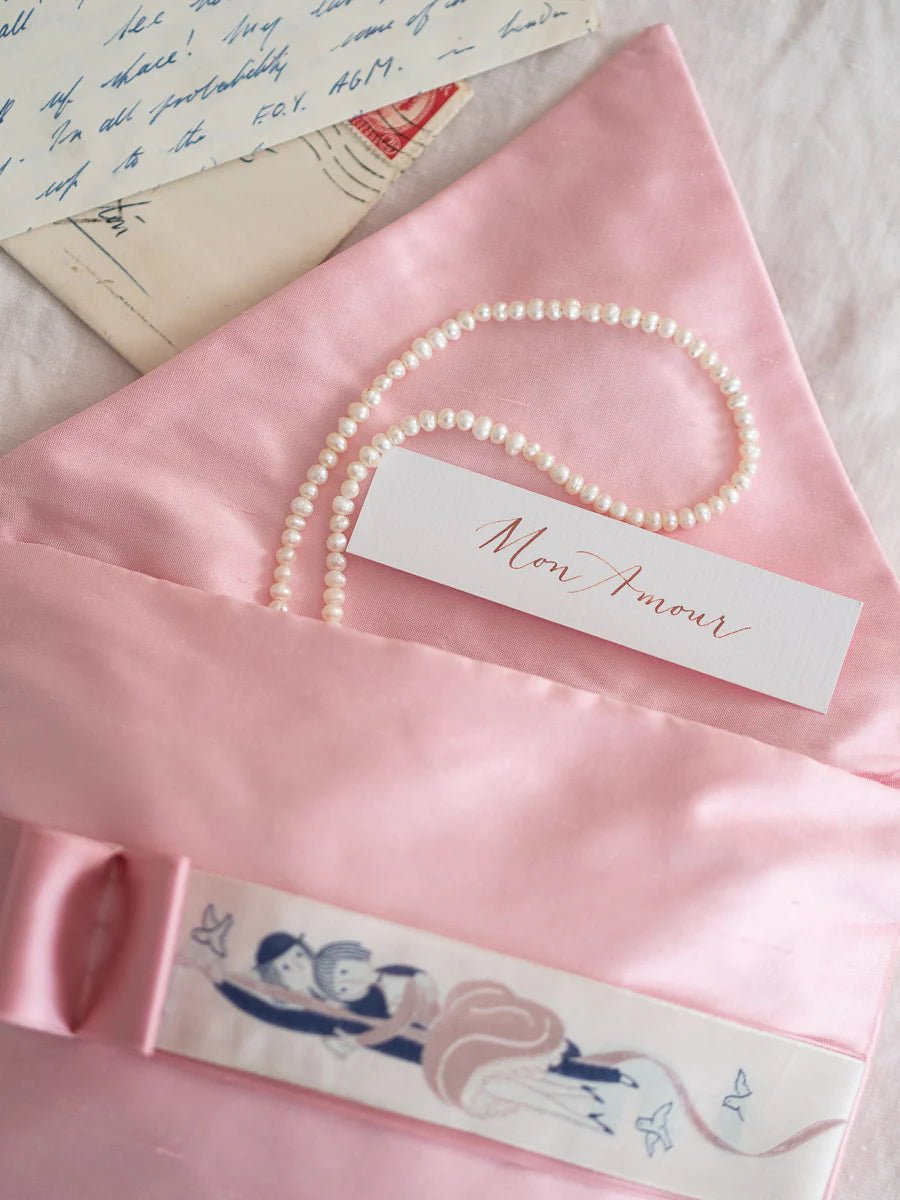 "LES AMOUREUX" PINK SILK ENVELOPE CUSHION by My Billet Doux - Natalia Willmott