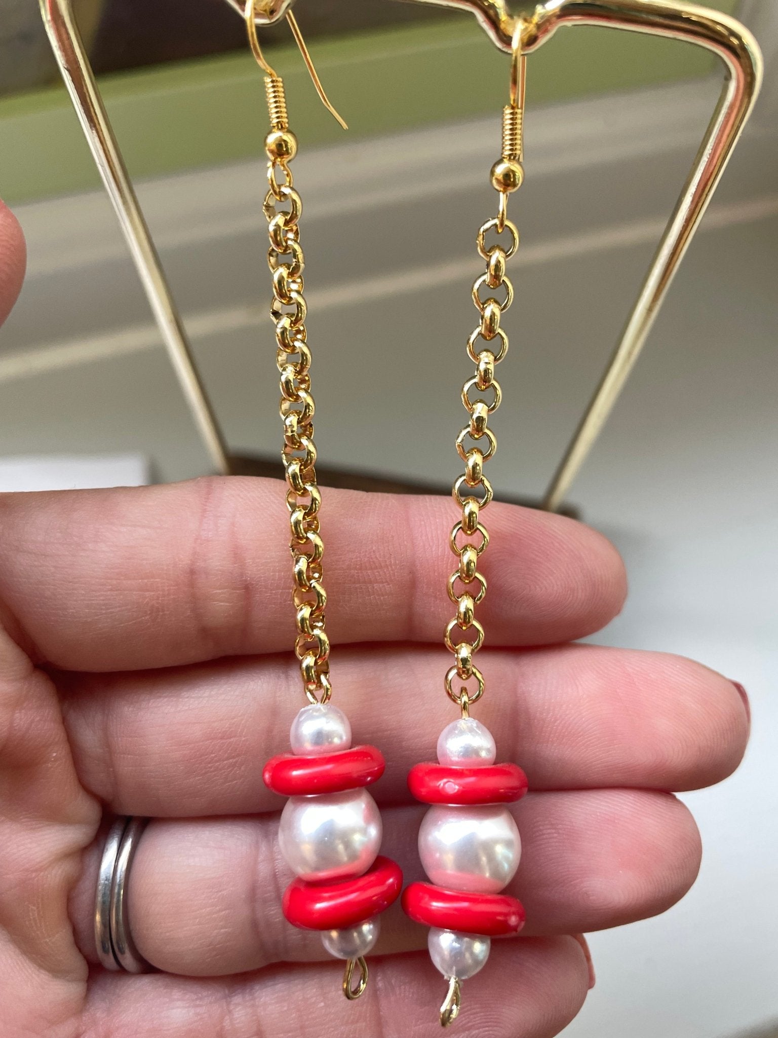 Pearl and red bead gold plate necklace and earrings - Natalia Willmott