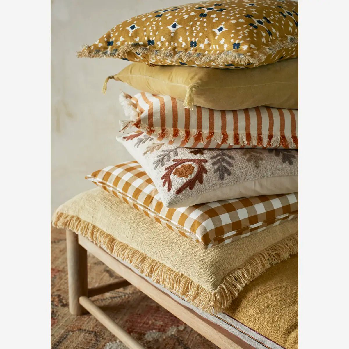 Printed cushion cover mustard with fringe - Natalia Willmott