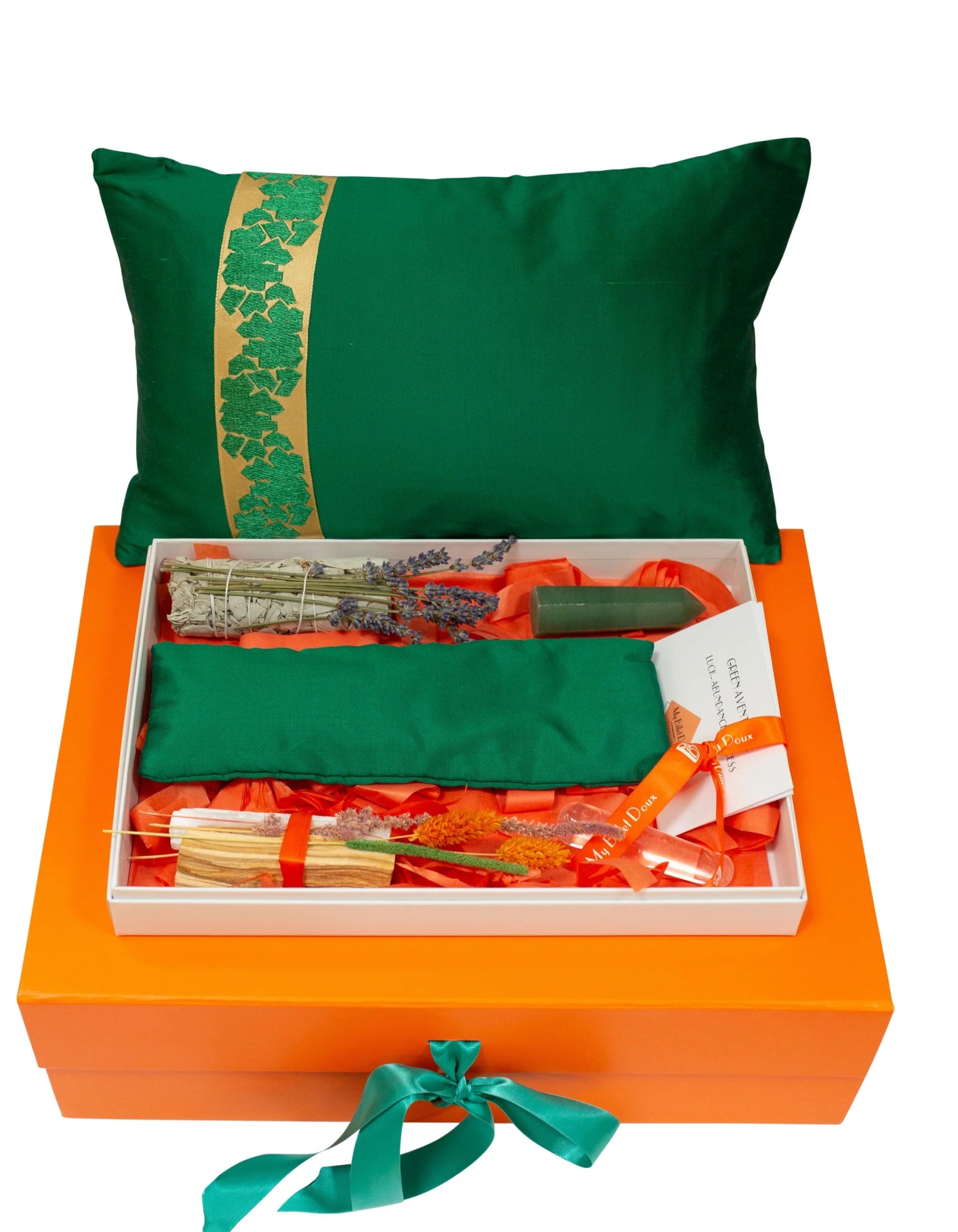 RITUEL GIFT BOX "FRAGMENT" BOND GREEN SILK CUSHION SET WITH GREEN AVENTURINE - Natalia Willmott