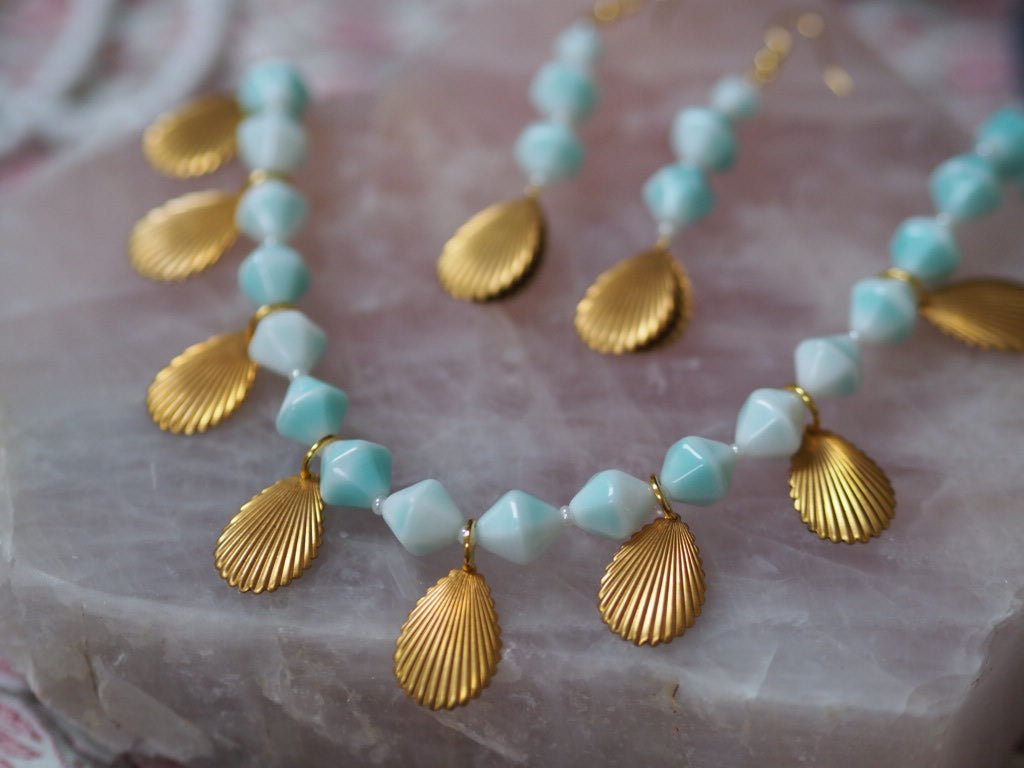 Shell light blue glass necklace and earrings - Natalia Willmott