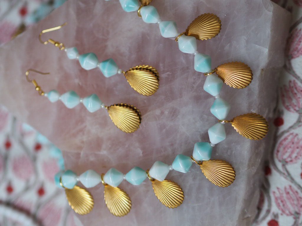 Shell light blue glass necklace and earrings - Natalia Willmott