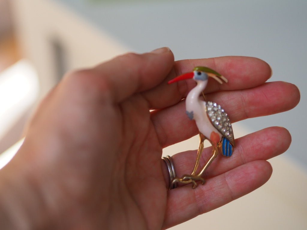 Stork brooch with enamel and strass - Natalia Willmott