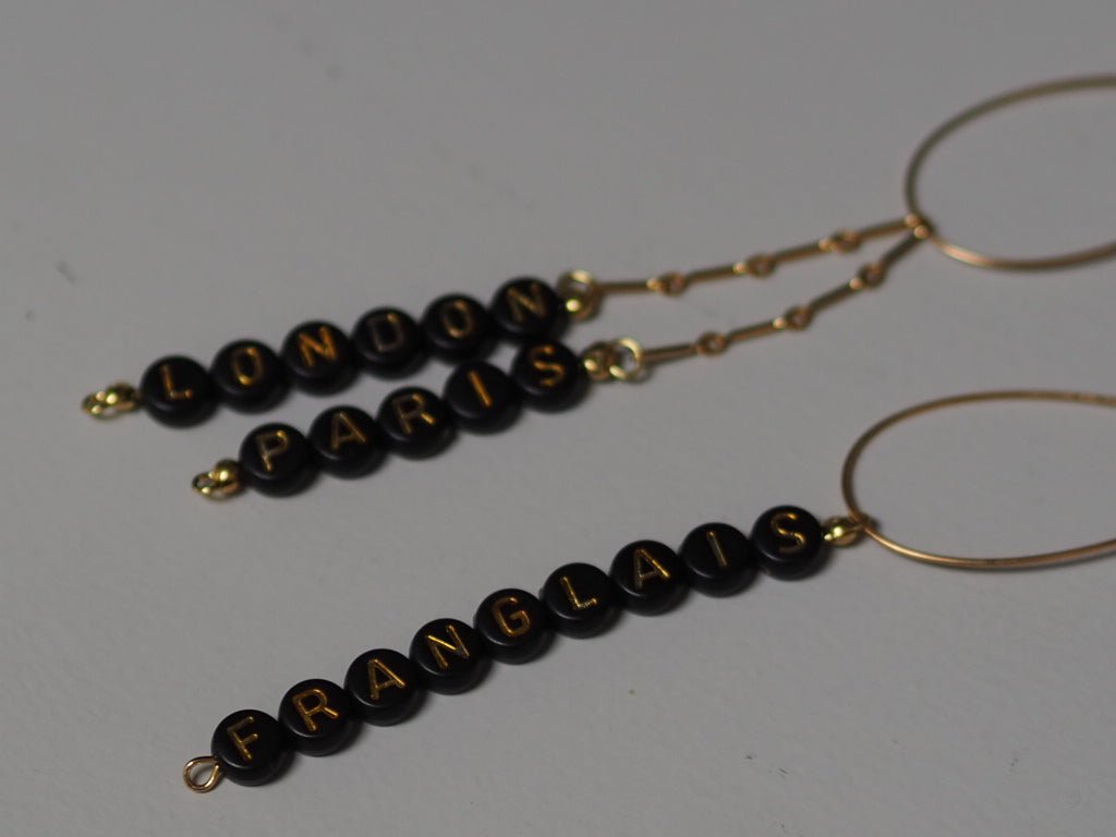 Word gold plated earrings Paris/ London/Franglais or necklace Amour - Natalia Willmott