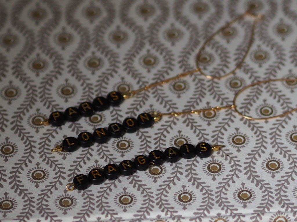 Word gold plated earrings Paris/ London/Franglais or necklace Amour - Natalia Willmott