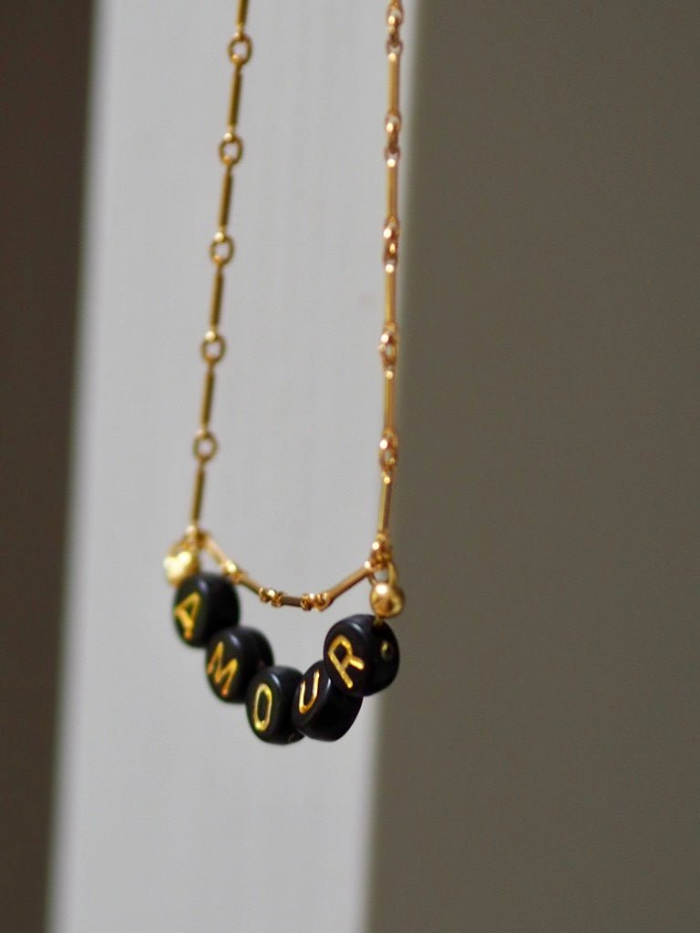 Word gold plated earrings Paris/ London/Franglais or necklace Amour - Natalia Willmott