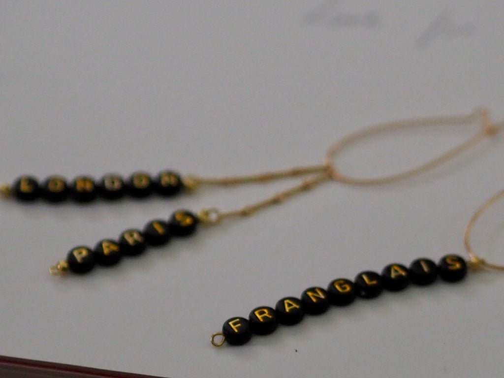 Word gold plated earrings Paris/ London/Franglais or necklace Amour - Natalia Willmott