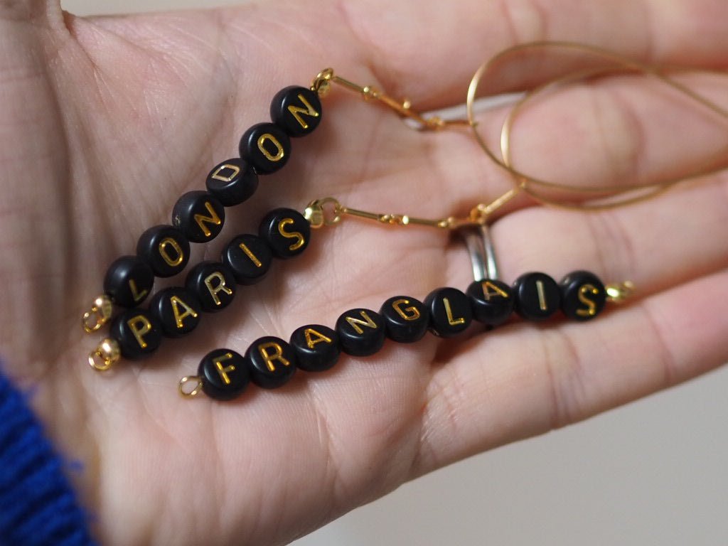 Word gold plated earrings Paris/ London/Franglais or necklace Amour - Natalia Willmott