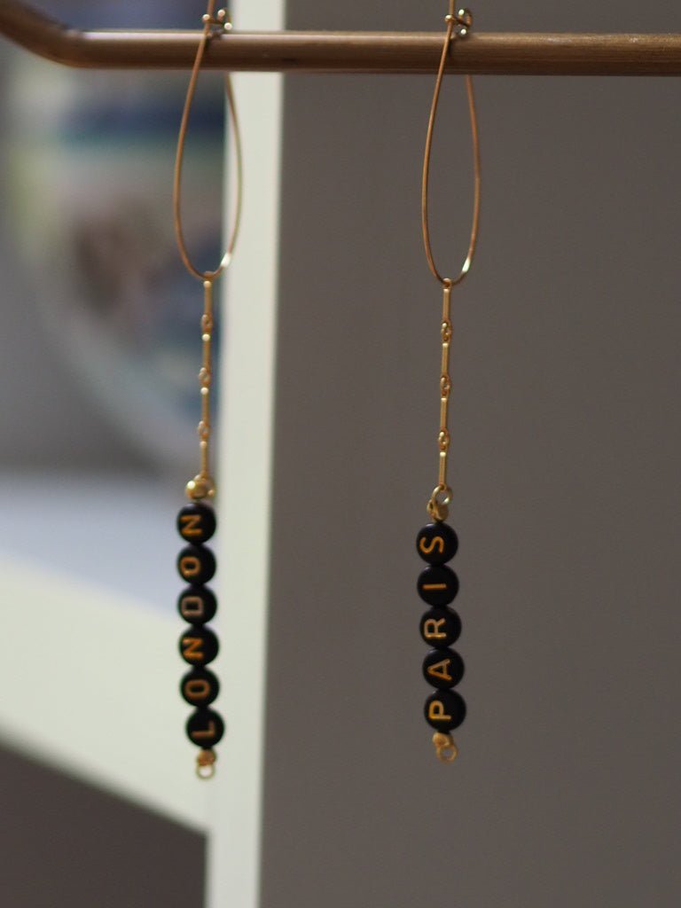 Word gold plated earrings Paris/ London/Franglais or necklace Amour - Natalia Willmott