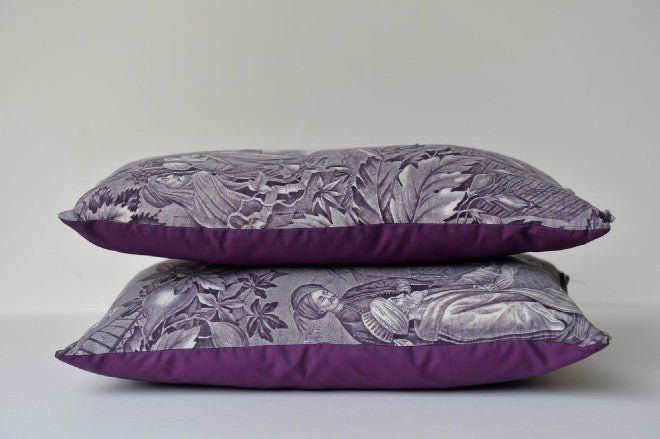 Antique mauve cushion with Toile de Jouy - Natalia Willmott