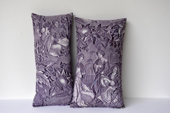 Antique mauve cushion with Toile de Jouy - Natalia Willmott