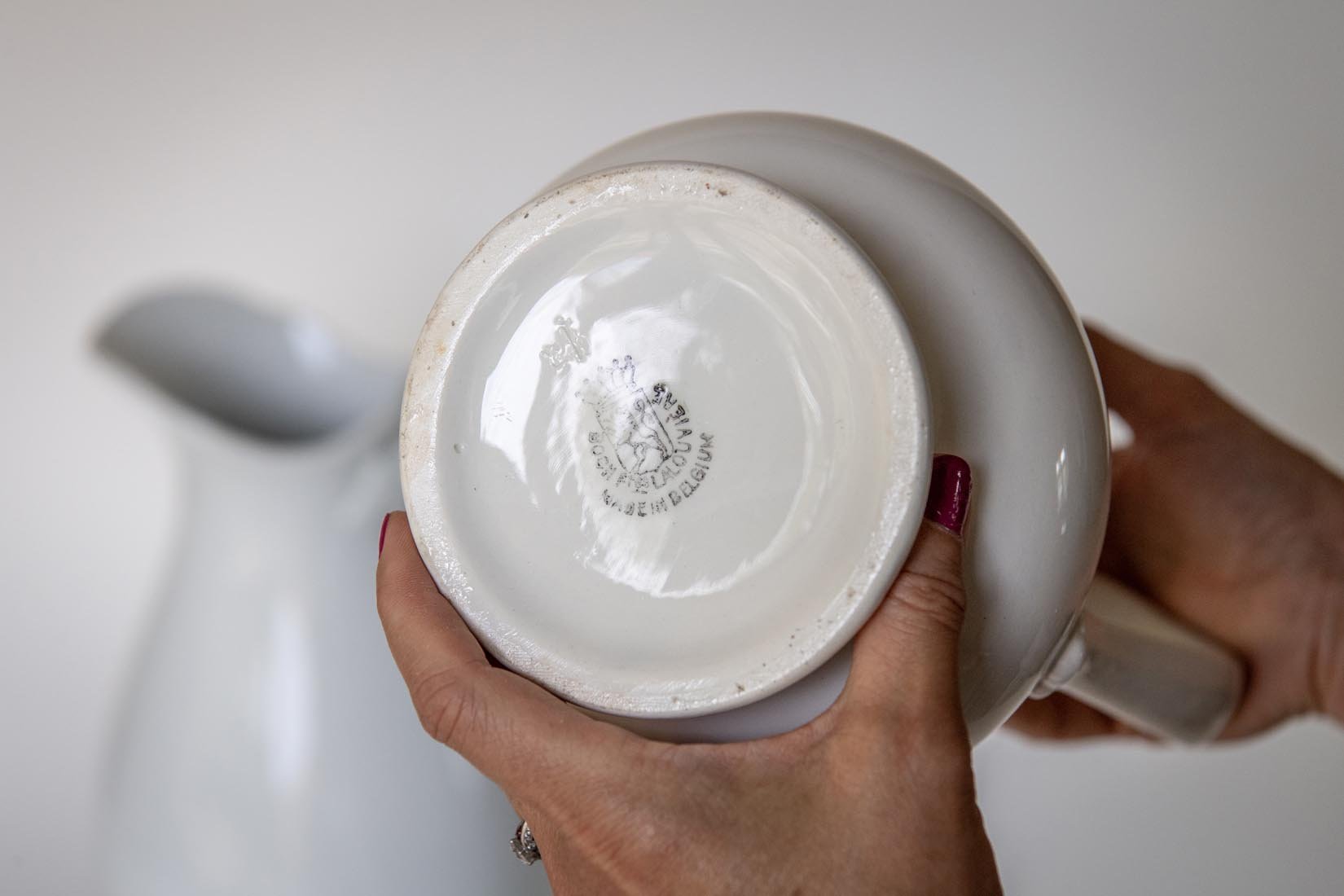 Antique white ironstone Pitcher/Jug by Boch Freres , La Louviere, Belgium. - Natalia Willmott