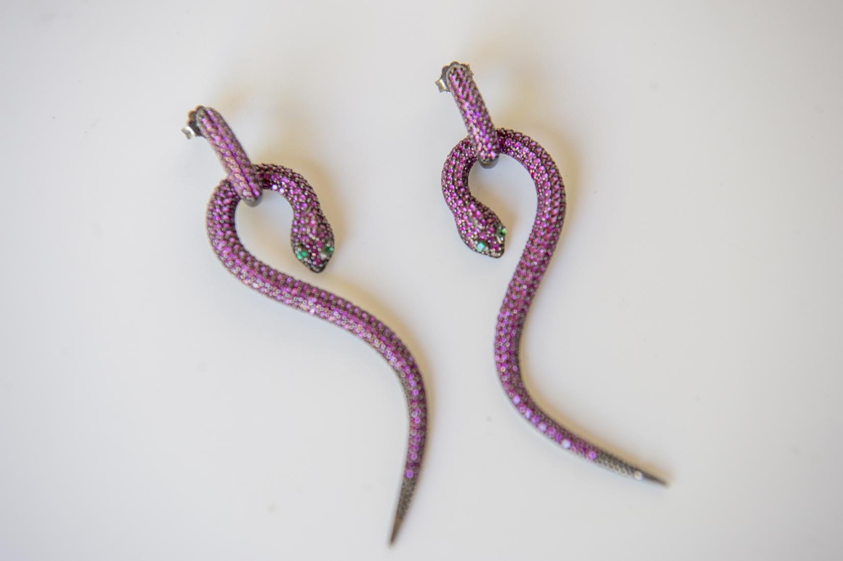 Black rhodium and pink zircon snake earrings - Natalia Willmott