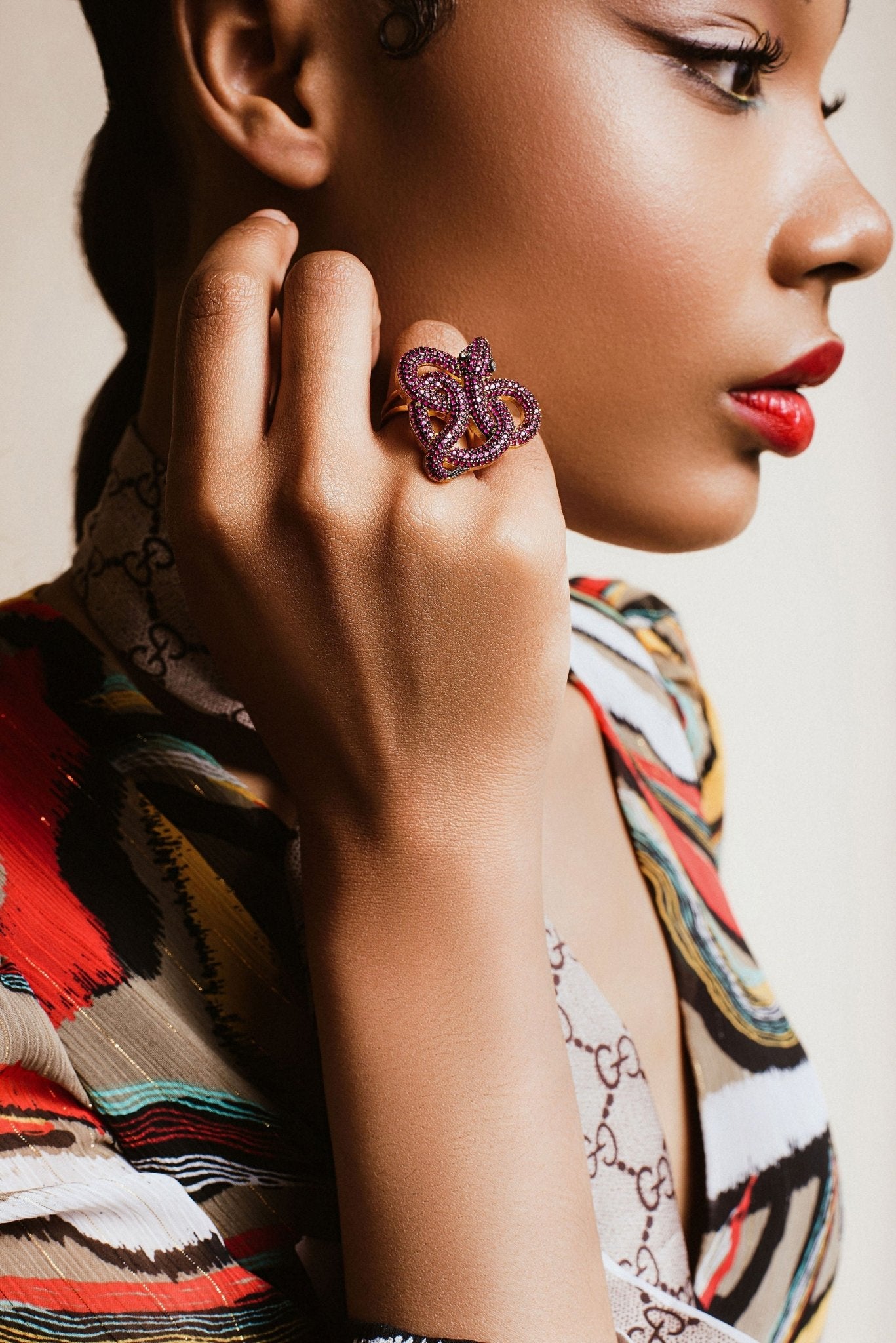 Black rhodium and pink zircon snake ring - Natalia Willmott