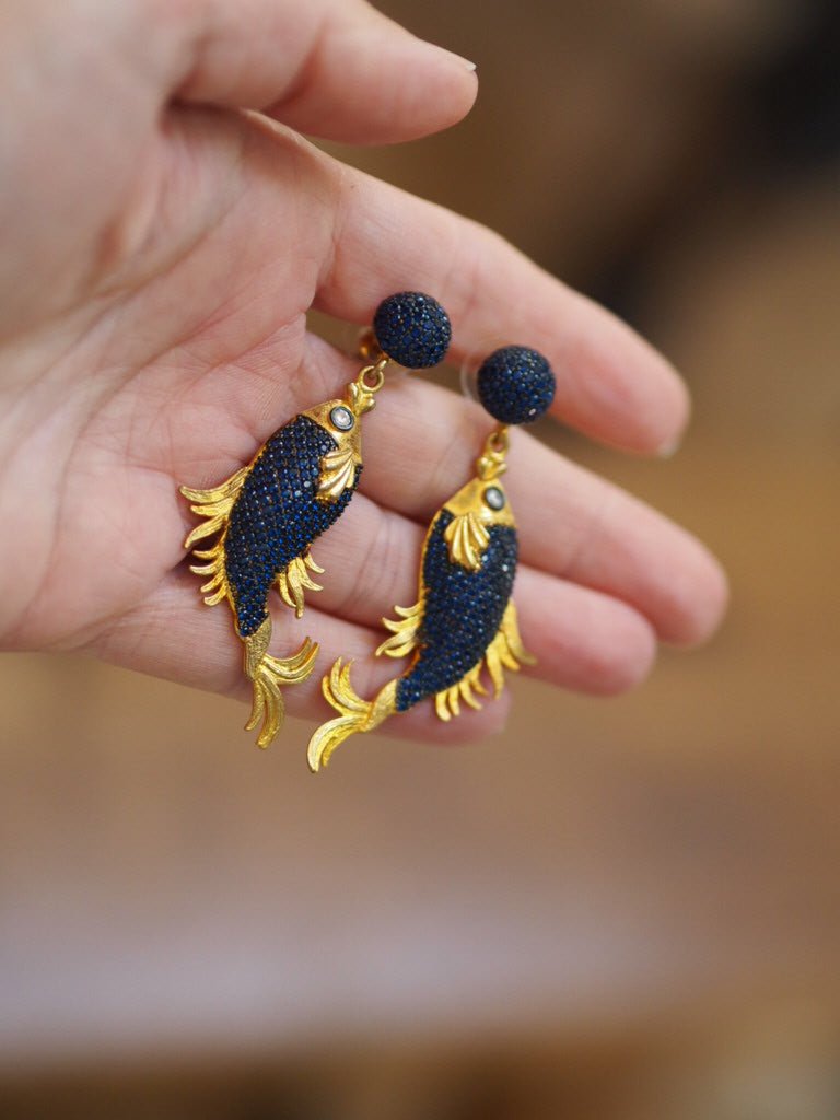 blue fish gold plated earrings - Natalia Willmott