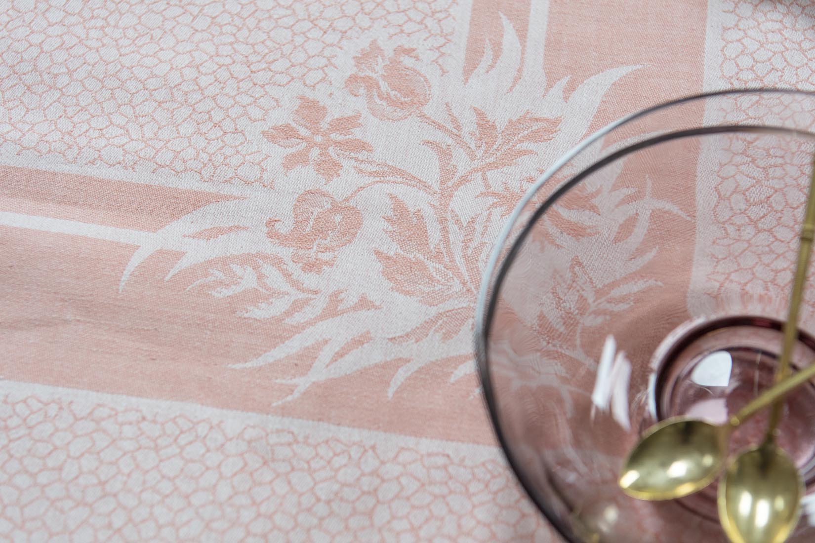Coral pink damask tablecloth and napkins with double letter monogram AG - Natalia Willmott
