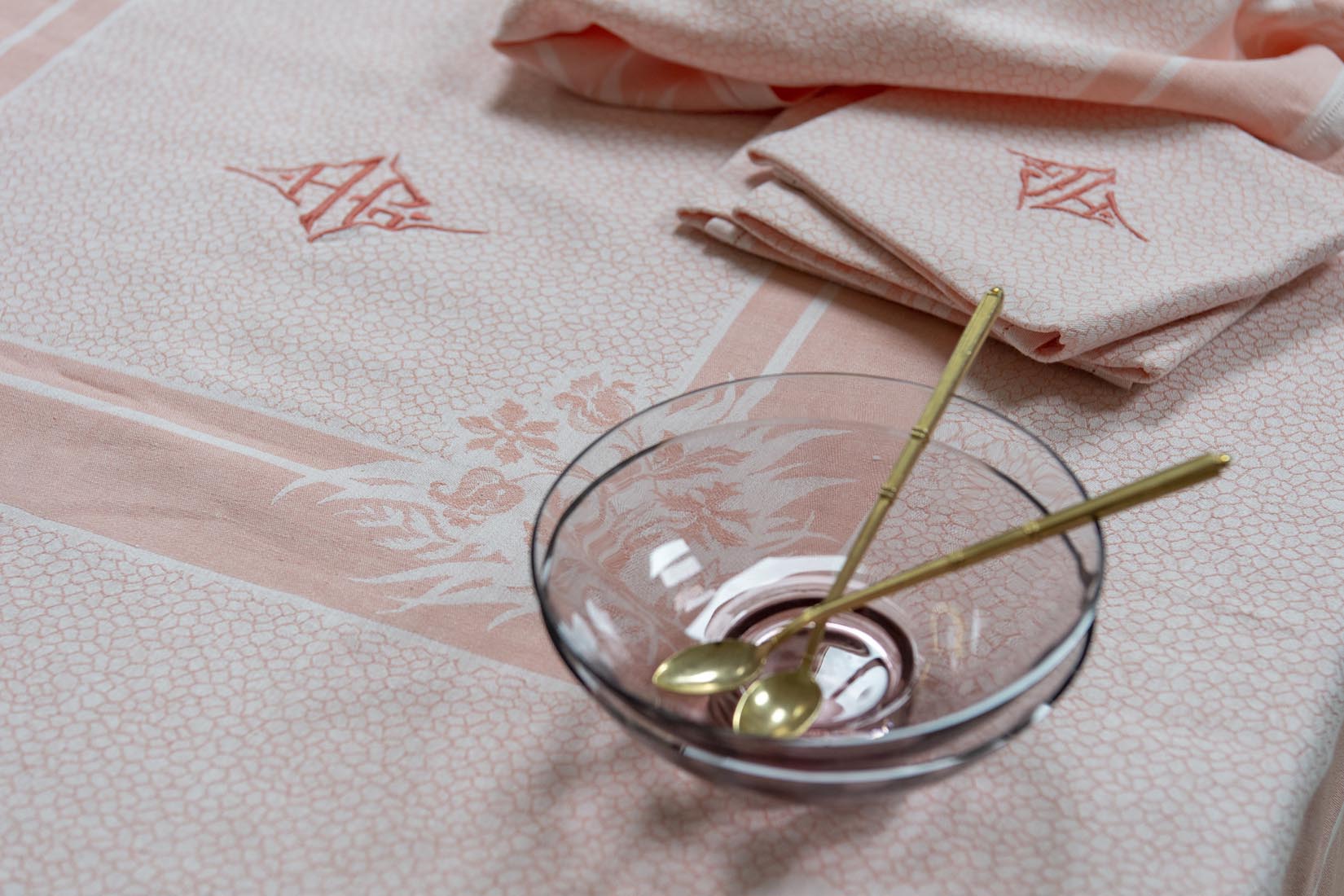 Coral pink damask tablecloth and napkins with double letter monogram AG - Natalia Willmott