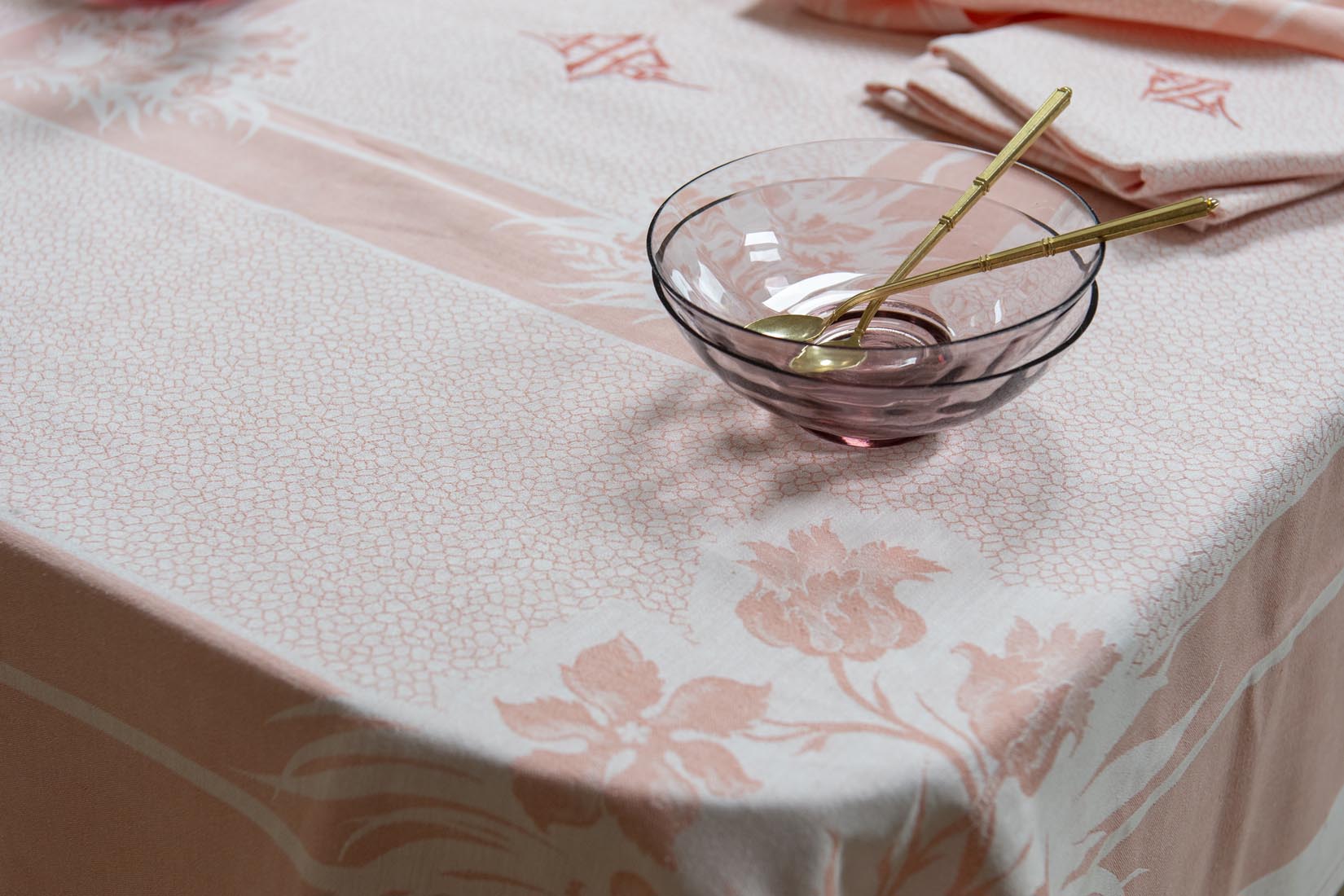 Coral pink damask tablecloth and napkins with double letter monogram AG - Natalia Willmott