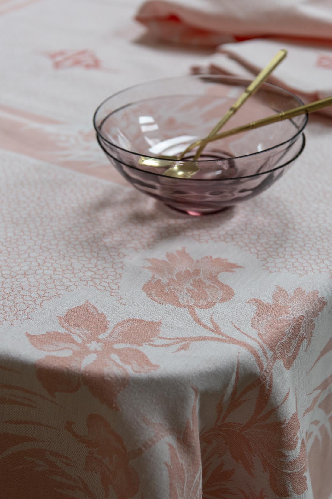Coral pink damask tablecloth and napkins with double letter monogram AG - Natalia Willmott