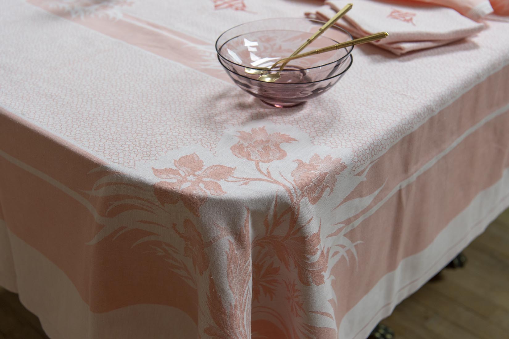 Coral pink damask tablecloth and napkins with double letter monogram AG - Natalia Willmott