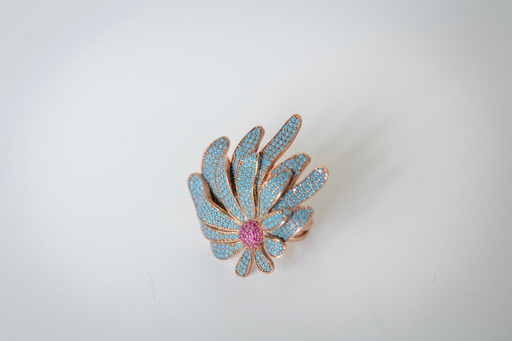 Flower turquoise and pink zircon on gold jewellery - Natalia Willmott