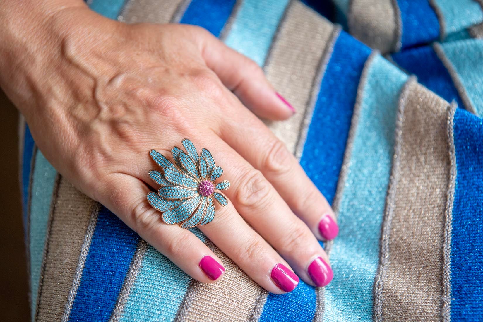 Flower turquoise and pink zircon on gold jewellery - Natalia Willmott