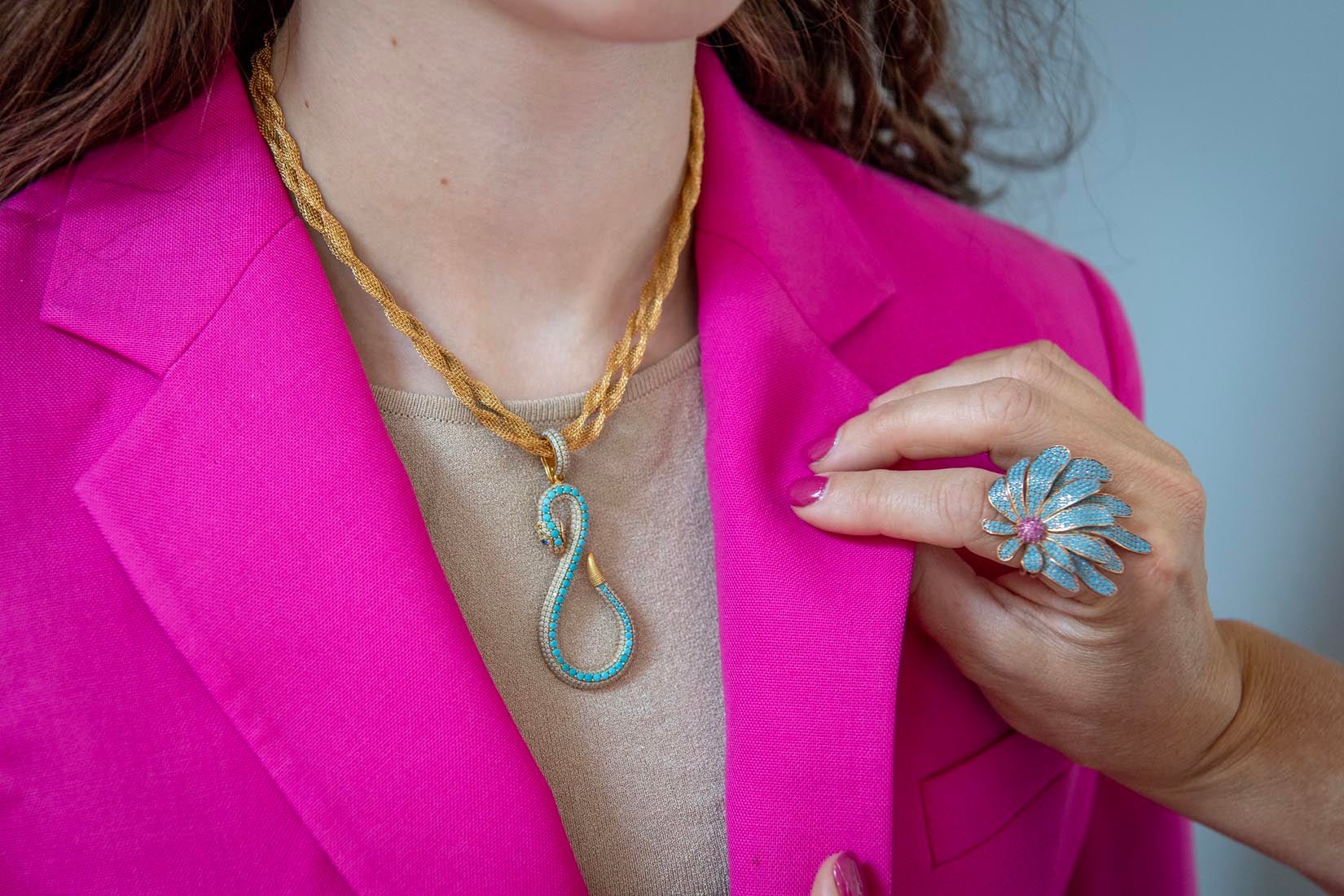 Flower turquoise and pink zircon on gold jewellery - Natalia Willmott