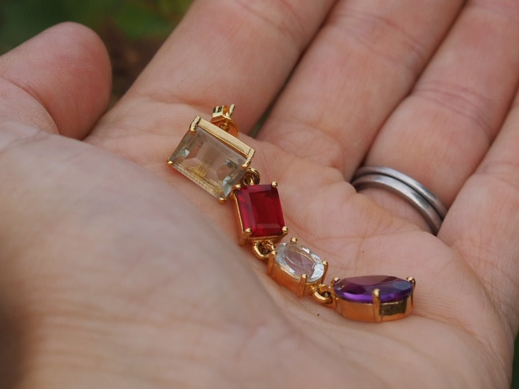 Green amethyst, garnet, green amethyst and purple amethyst pendant earrings - Natalia Willmott