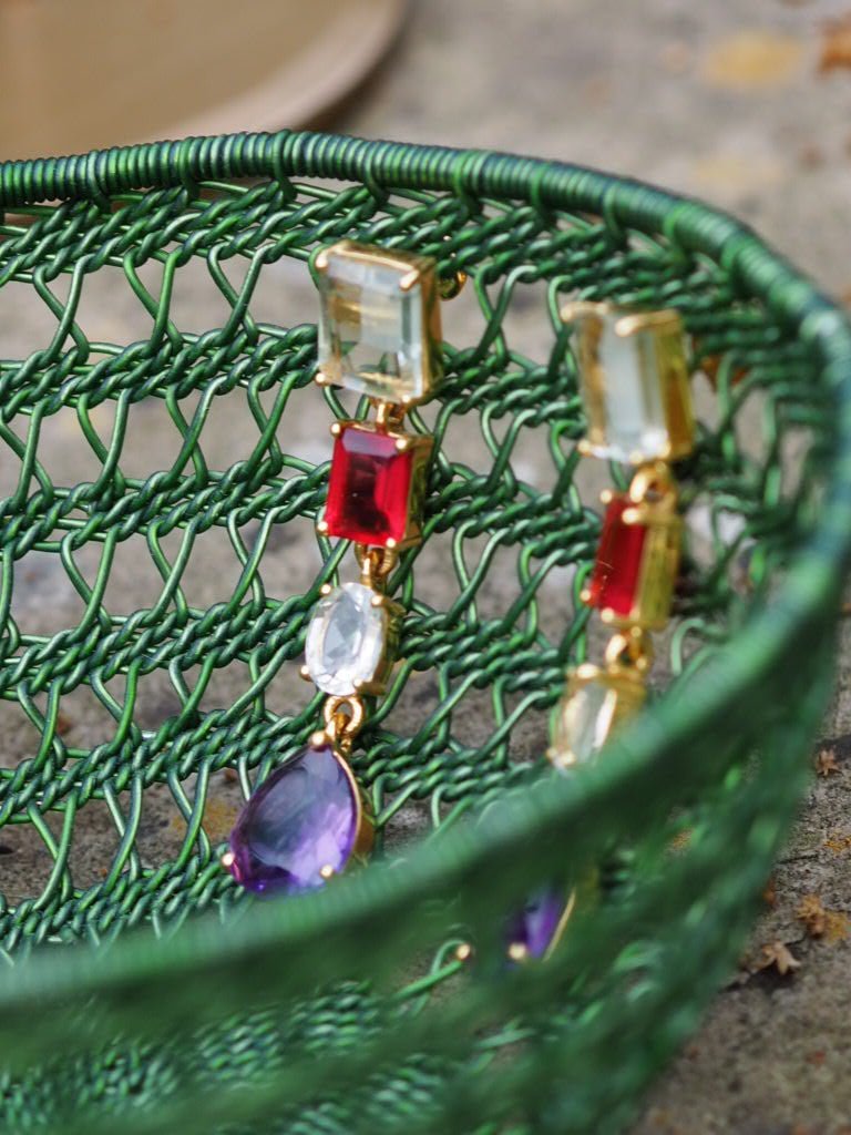Green amethyst, garnet, green amethyst and purple amethyst pendant earrings - Natalia Willmott