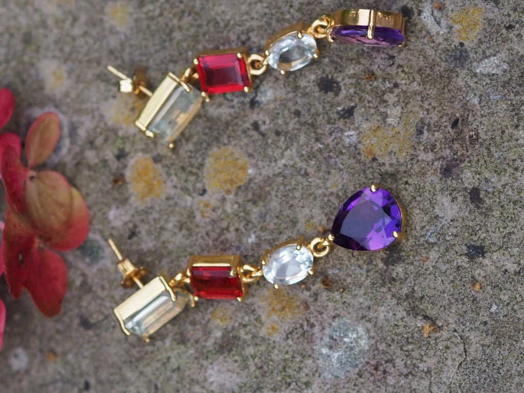 Green amethyst, garnet, green amethyst and purple amethyst pendant earrings - Natalia Willmott