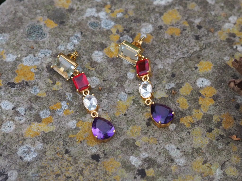 Green amethyst, garnet, green amethyst and purple amethyst pendant earrings - Natalia Willmott