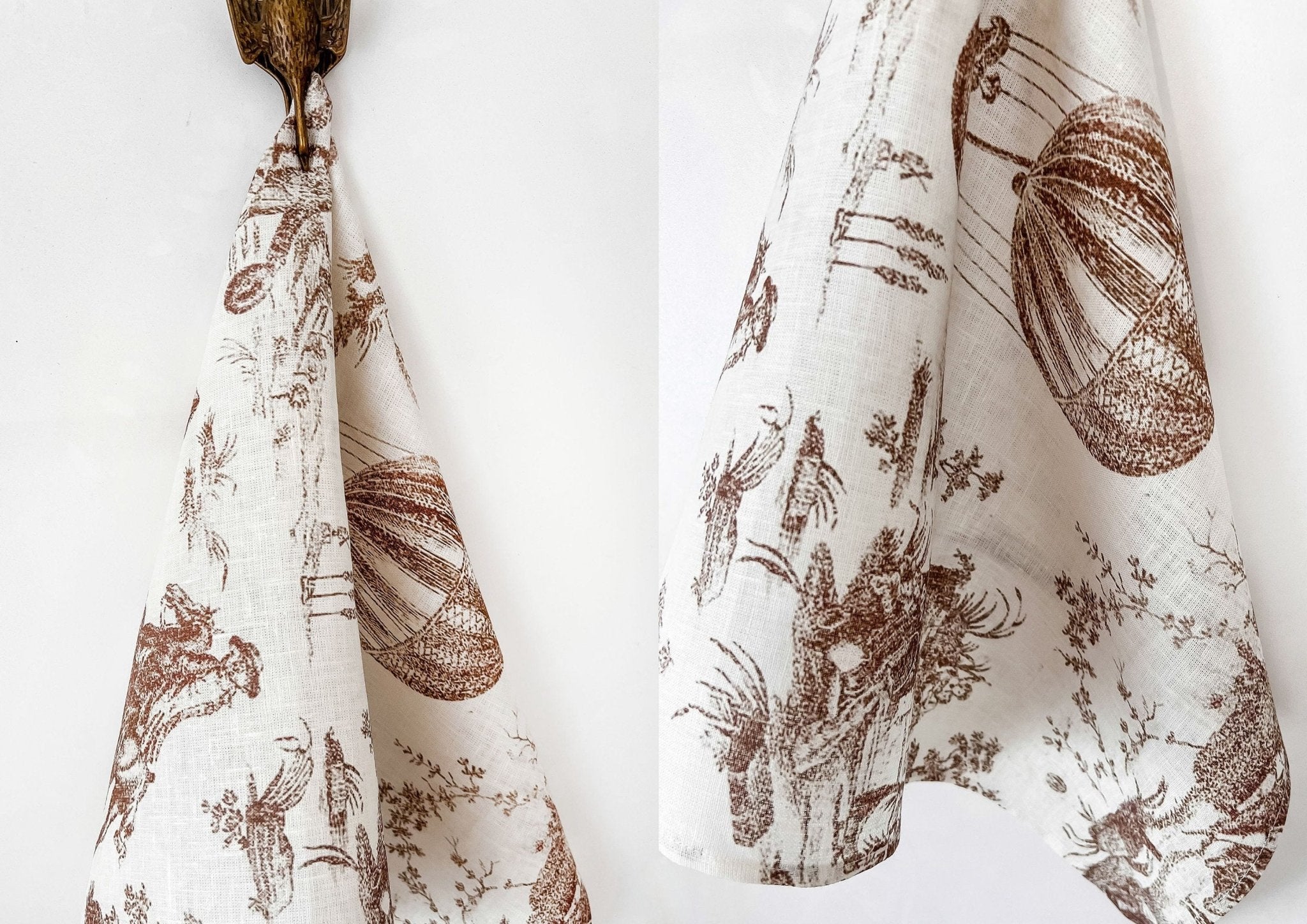 Hot air ballon "Toile de Jouy" linen taupe kitchen towel/dish cloth - Natalia Willmott