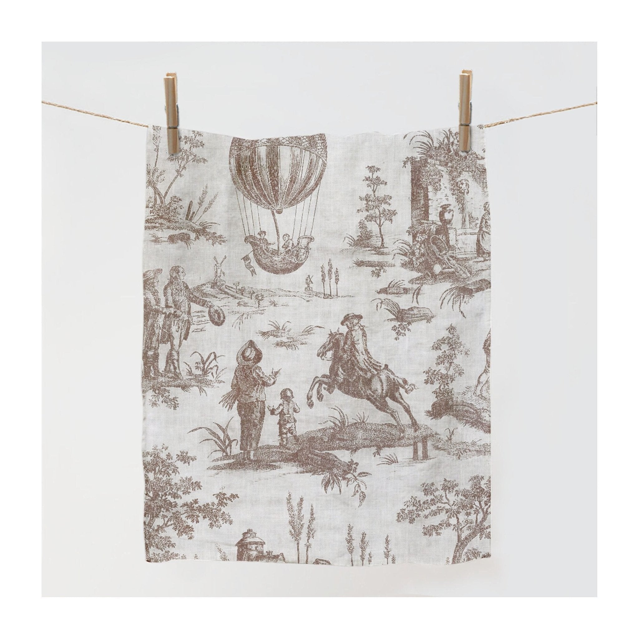 Hot air ballon "Toile de Jouy" linen taupe kitchen towel/dish cloth - Natalia Willmott