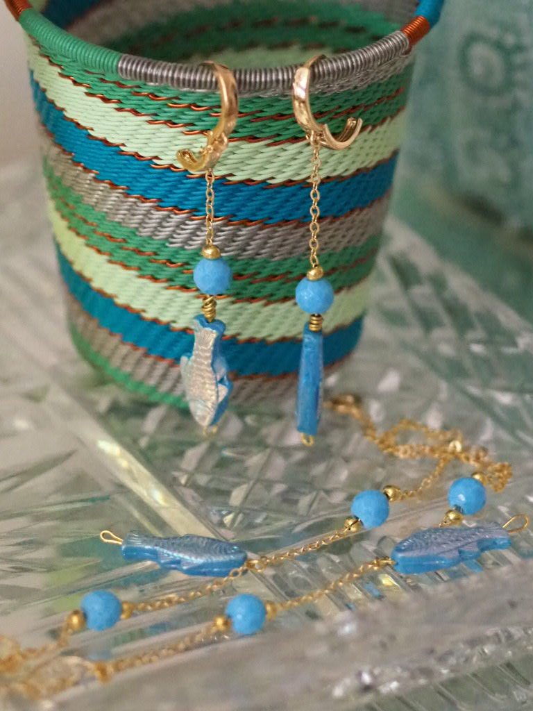 Iridescent blue fish gold plated earrings or necklace - Natalia Willmott