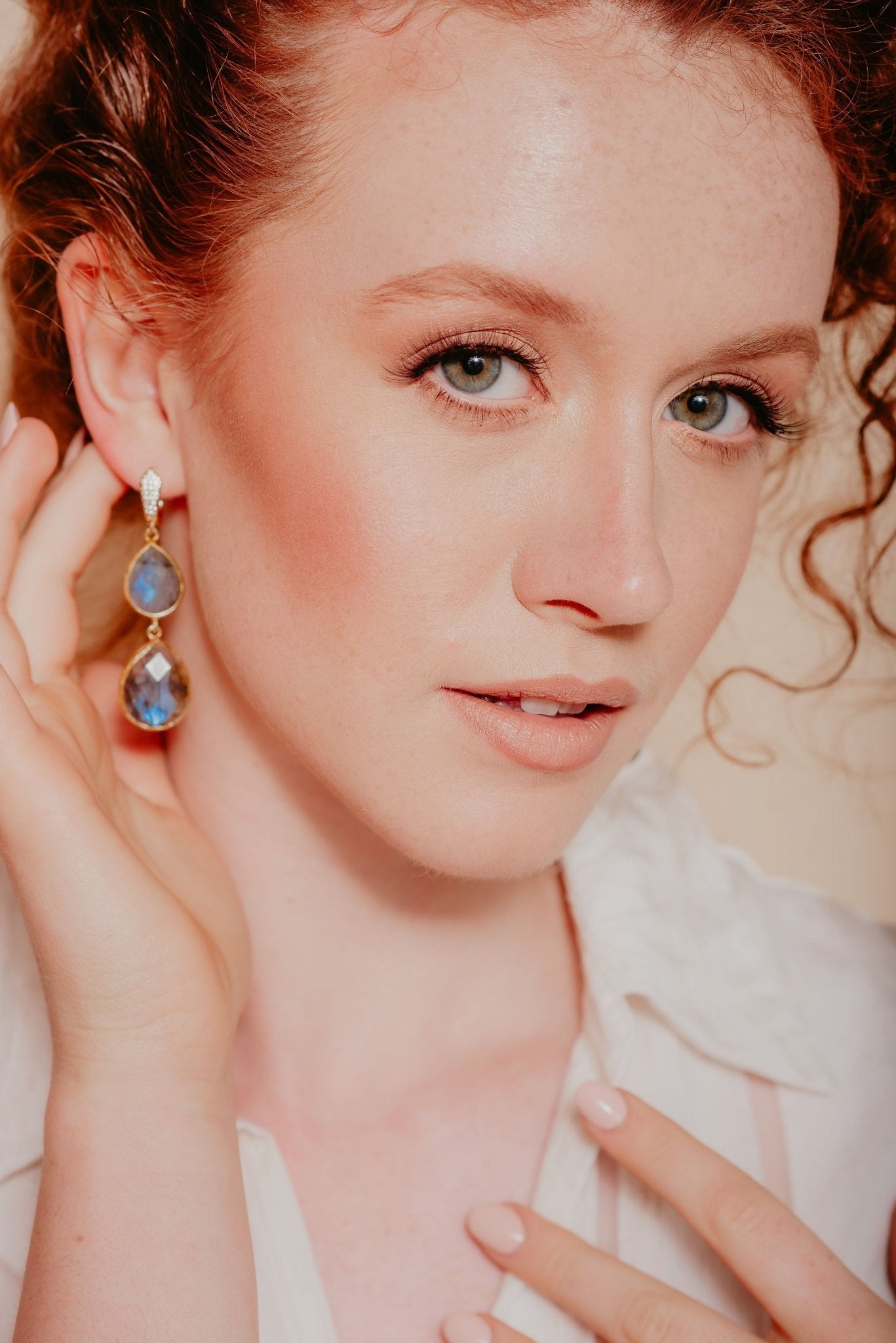 Labradorite and gilt brass pendant earrings - Natalia Willmott