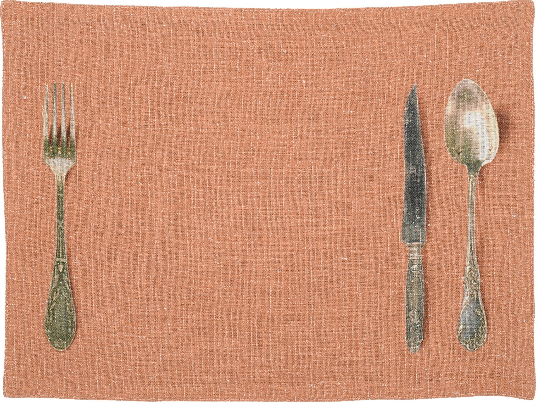 Pair of napkins and Pair of place mats printed with image of antique spoon, fork and knife - Natalia Willmott
