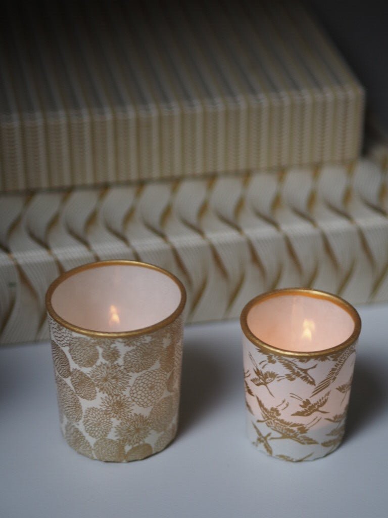 Pair of votive tea light holders- chrysanthenum and crane gold - Natalia Willmott