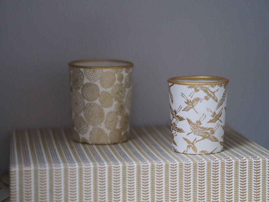 Pair of votive tea light holders- chrysanthenum and crane gold - Natalia Willmott