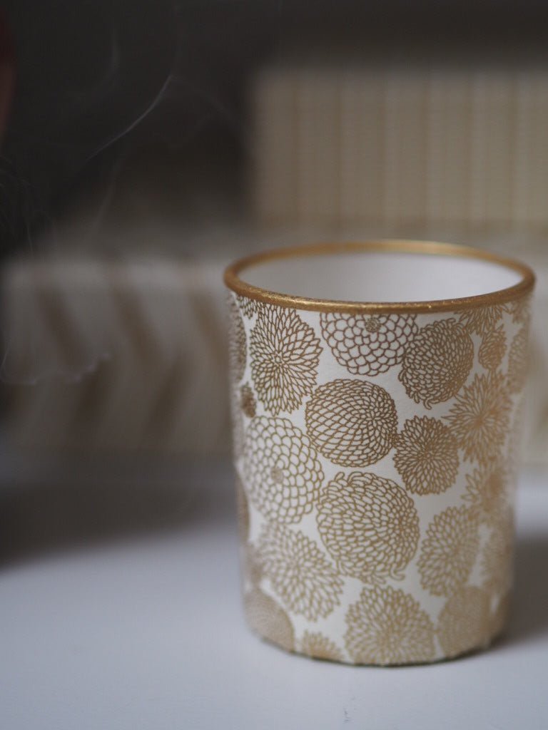 Pair of votive tea light holders- chrysanthenum and crane gold - Natalia Willmott