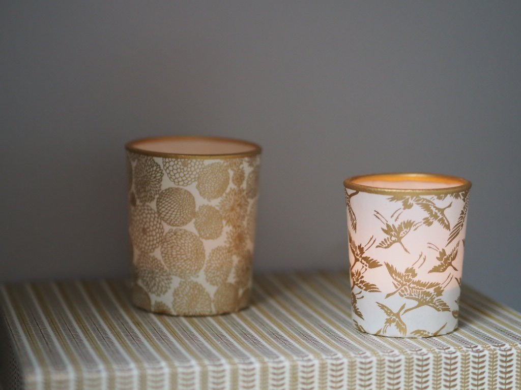 Pair of votive tea light holders- chrysanthenum and crane gold - Natalia Willmott