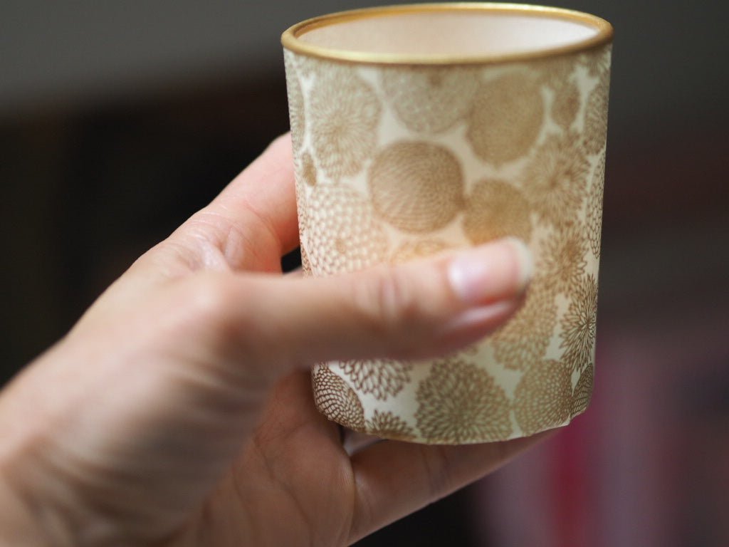 Pair of votive tea light holders- chrysanthenum and crane gold - Natalia Willmott