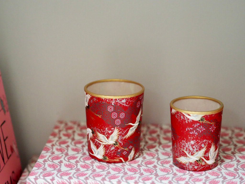 Pair of votive tea light holders- cranes red - Natalia Willmott