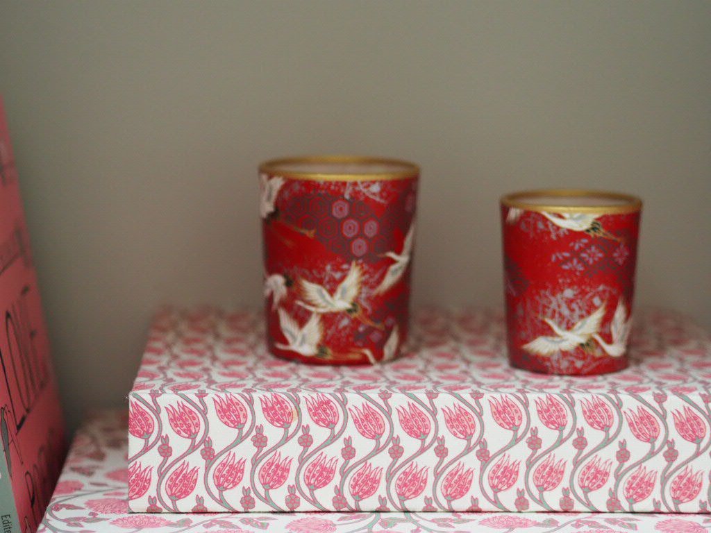 Pair of votive tea light holders- cranes red - Natalia Willmott