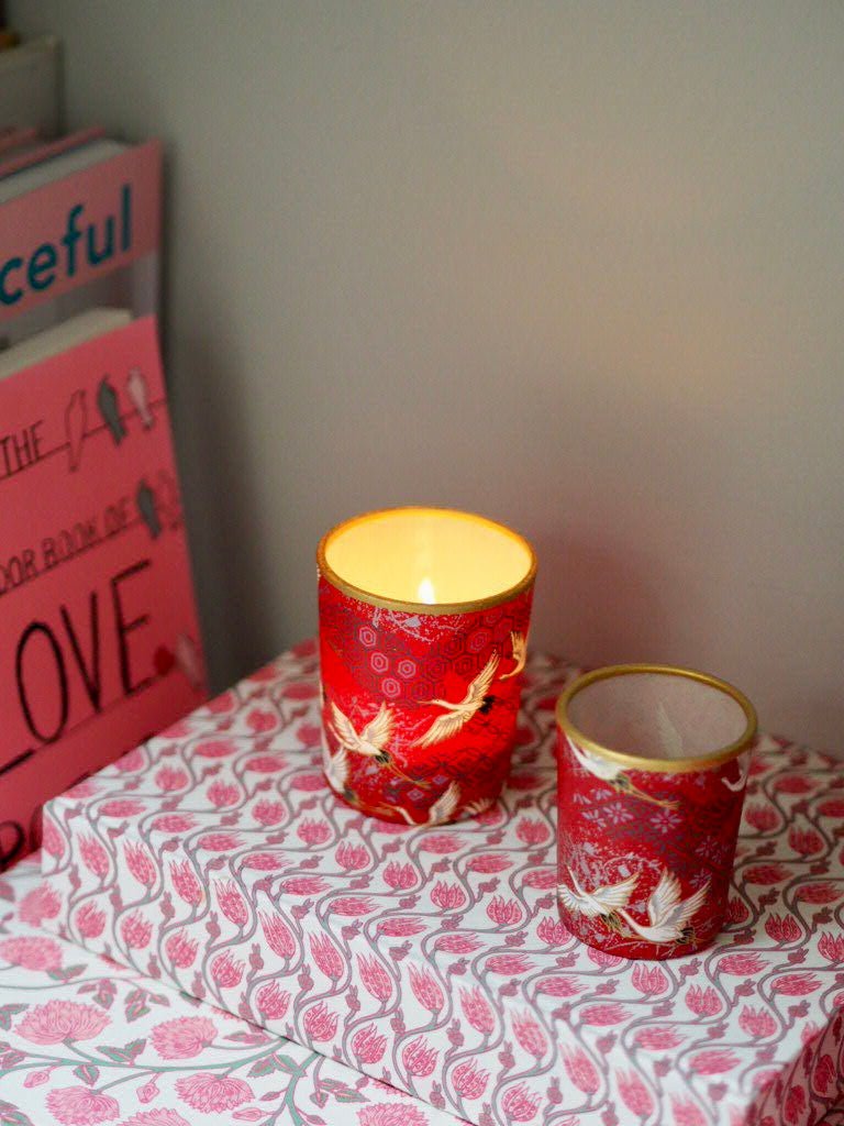 Pair of votive tea light holders- cranes red - Natalia Willmott