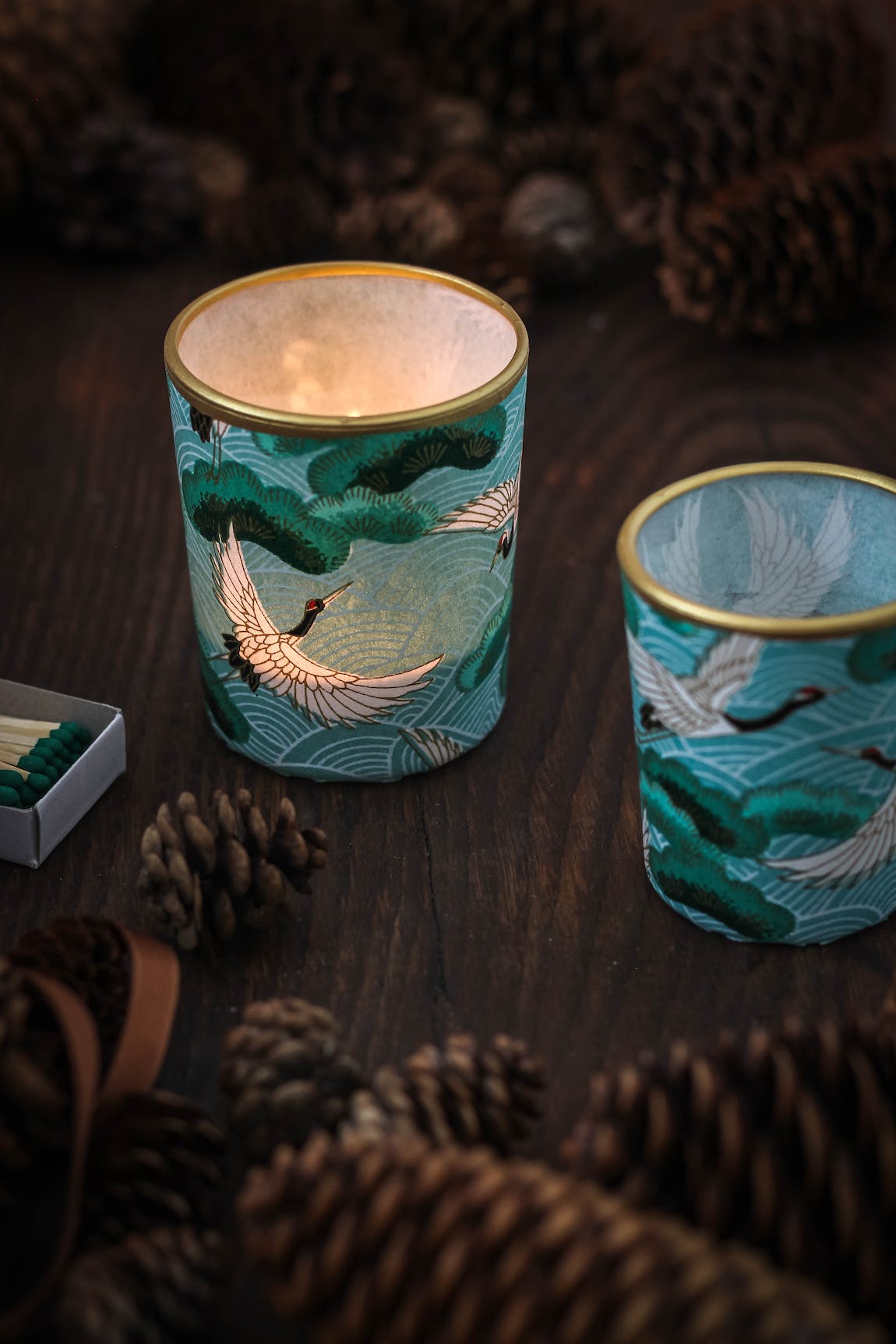Pair of votive tea light holders- light blue cranes - Natalia Willmott