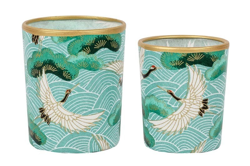 Pair of votive tea light holders- light blue cranes - Natalia Willmott