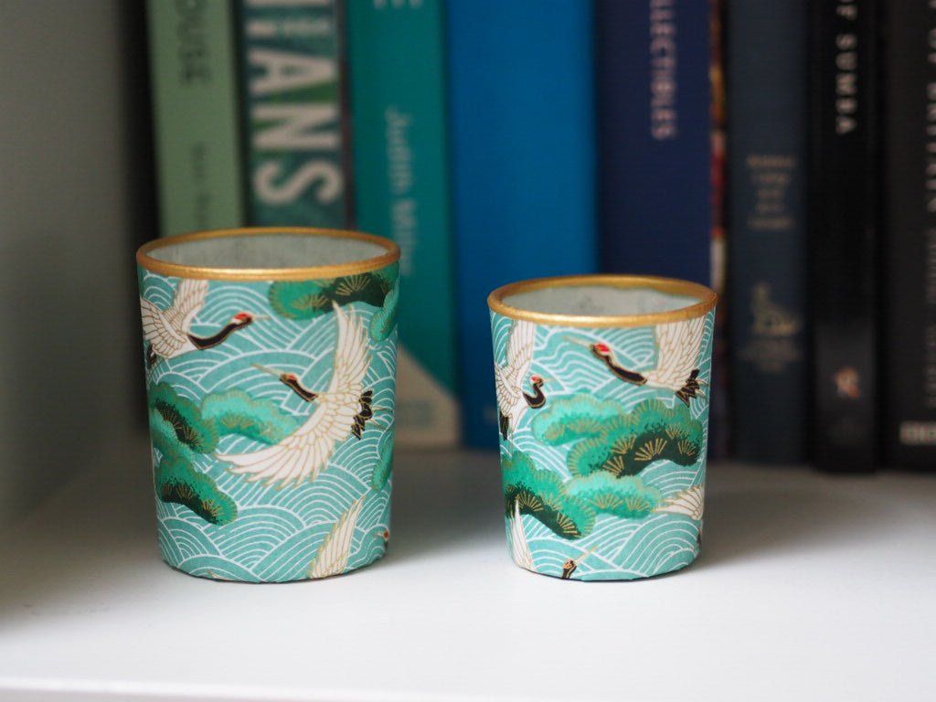 Pair of votive tea light holders- light blue cranes - Natalia Willmott